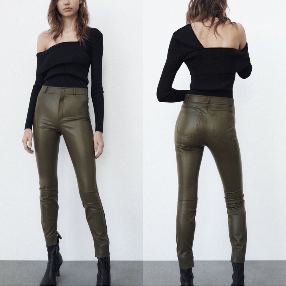 Zara Dark Khaki Olive Green Vegan Leather Fleeced Skinny Zip Ankle Pants Size XS